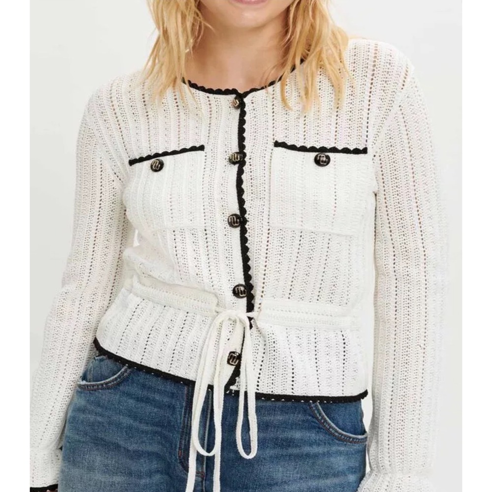 Maje Womens Contrasting Openwork Knit Cardigan White Black Small Size 1 NWT